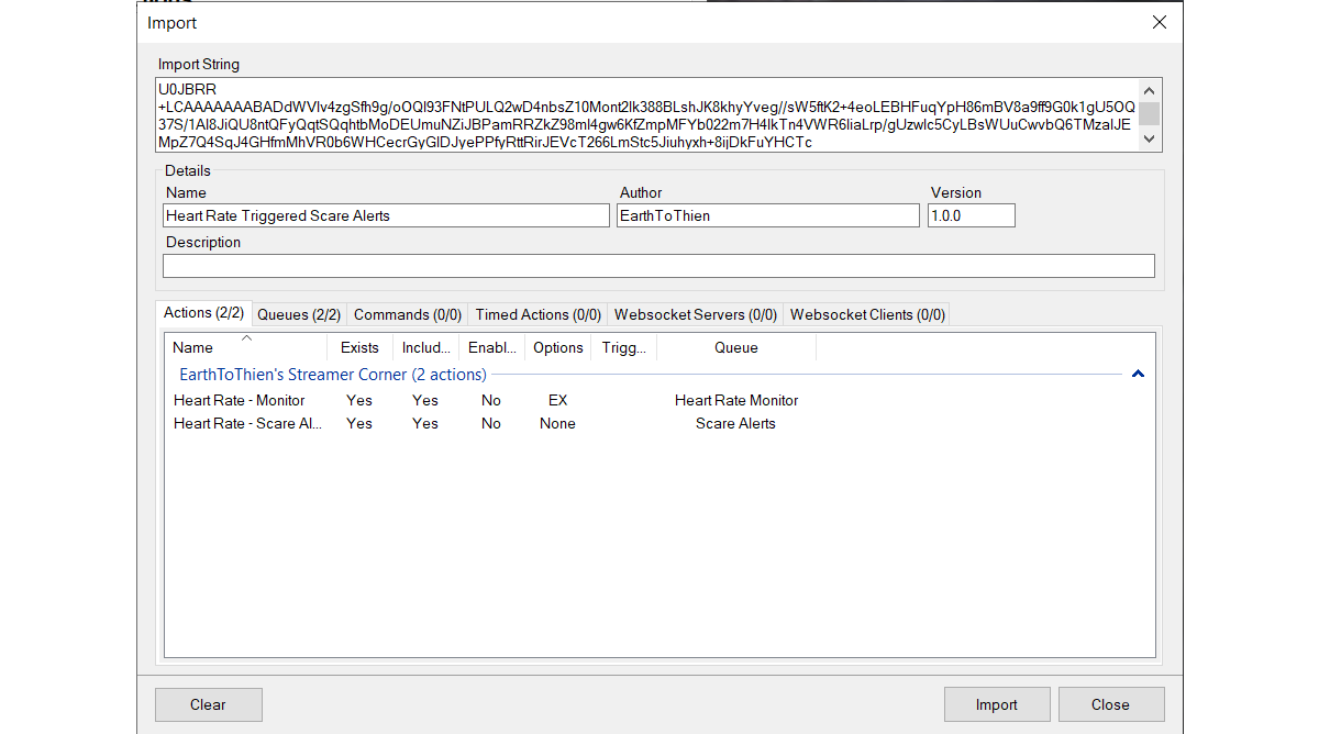 Streamer.Bot import window after importing Heart Rate Alert code.